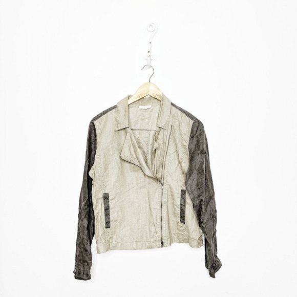 Eileen Fisher Stone Coated Organic Linen Colorblock Asymmetric Jacket PETITE L - Picture 1 of 8